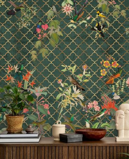 pássaros no fundo verde escuro estampado papel de parede