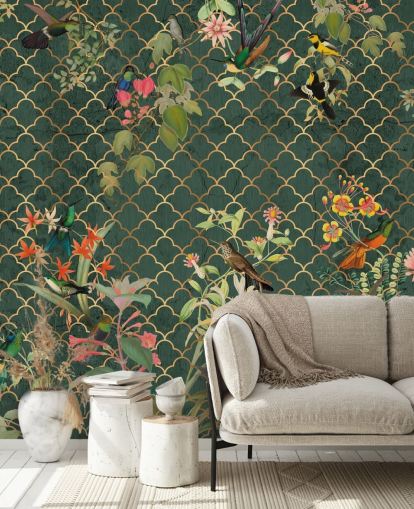 birds on dark green patterned background wallpaper