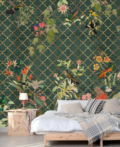 birds on dark green patterned background wallpaper