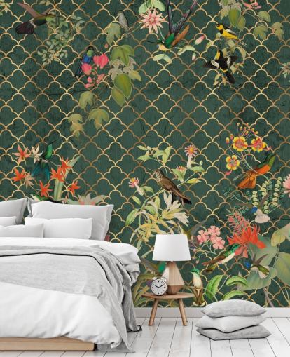 birds on dark green patterned background wallpaper