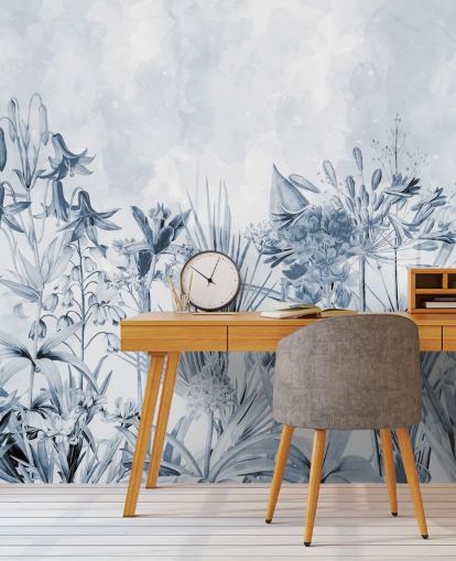 blauw botanisch behang