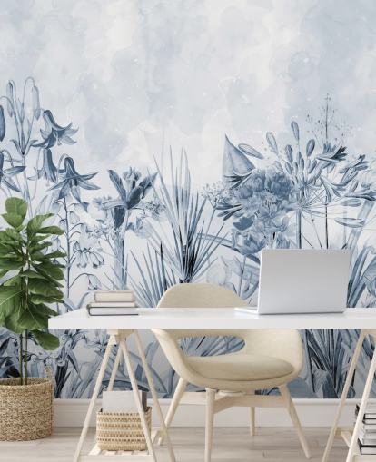 papel pintado azul botánico