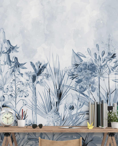 papier peint botanique bleu