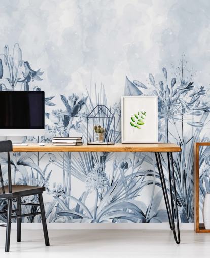 papel pintado azul botánico