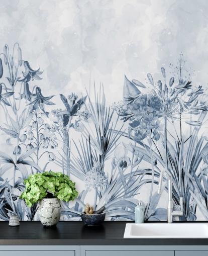 blauw botanisch behang