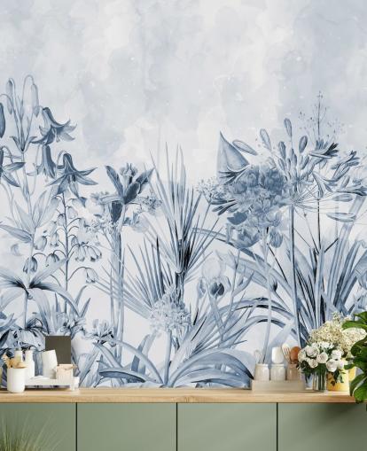 papier peint botanique bleu