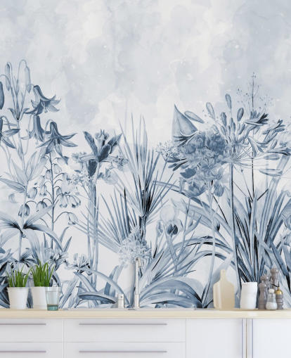 papel pintado azul botánico