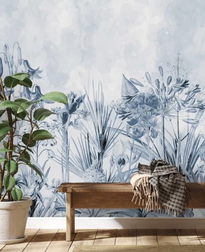 papel pintado azul botánico