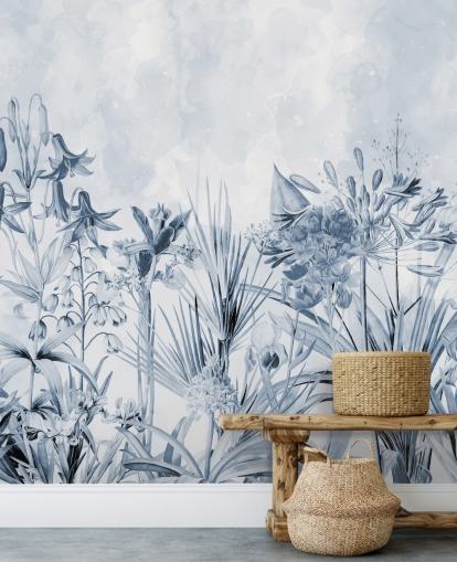 papel pintado azul botánico