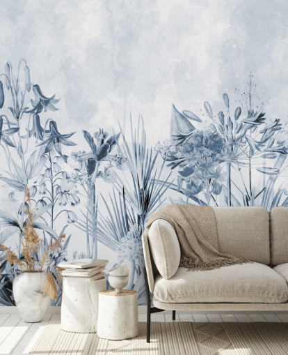 papel pintado azul botánico