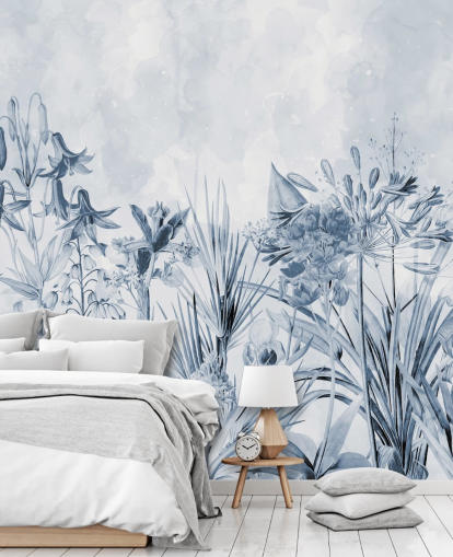 blauw botanisch behang