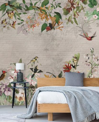 fake brick wall and birds and tropical plants wallpaper fake brick wall and birds and tropical plants wallpaper