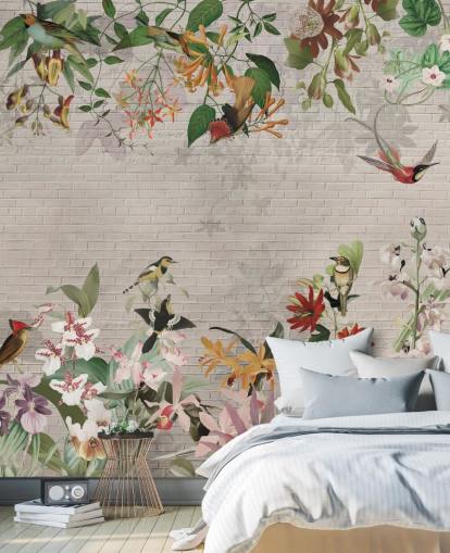 fake brick wall and birds and tropical plants wallpaper fake brick wall and birds and tropical plants wallpaper