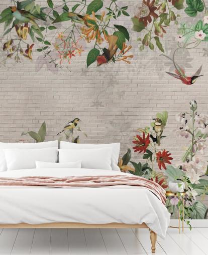fake brick wall and birds and tropical plants wallpaper