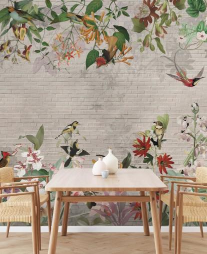 fake brick wall and birds and tropical plants wallpaper