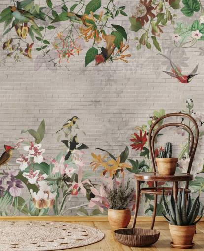 faux mur de briques et papier peint oiseaux et plantes tropicales faux mur de briques et papier peint oiseaux et plantes tropicales