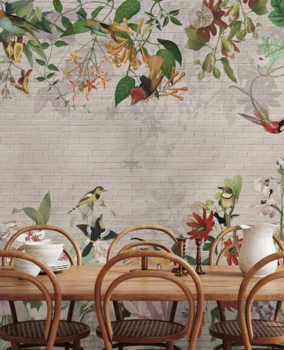 fake brick wall and birds and tropical plants wallpaper