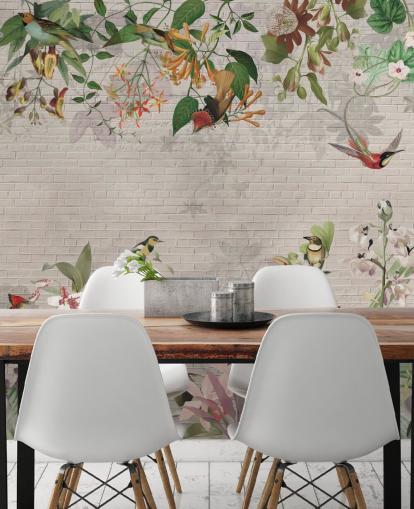 fake brick wall and birds and tropical plants wallpaper
