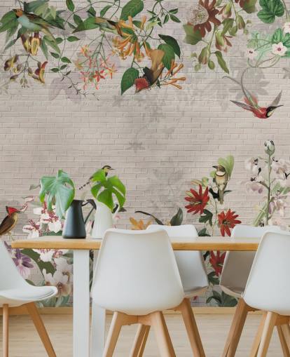 faux mur de briques et papier peint oiseaux et plantes tropicales