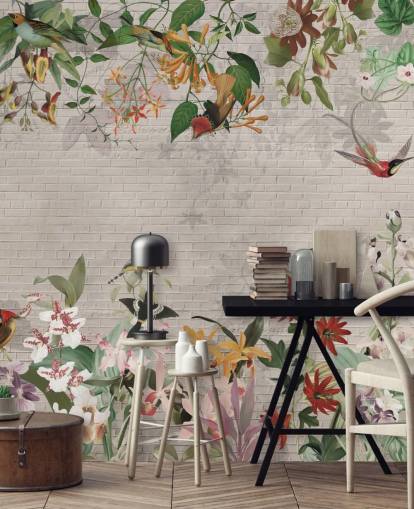 parede de tijolos falsos e papel de parede de pássaros e plantas tropicais
