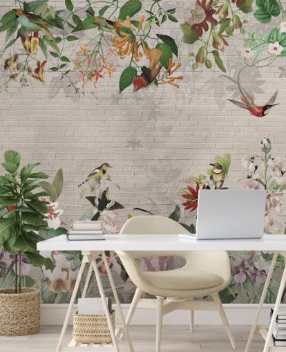fake brick wall and birds and tropical plants wallpaper