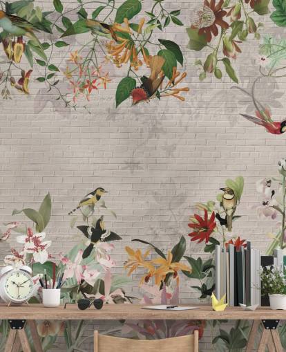 Fake Backsteinmauer und Vögel und tropische Pflanzen Tapete