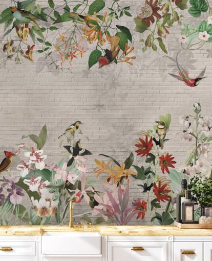 fake brick wall and birds and tropical plants wallpaper