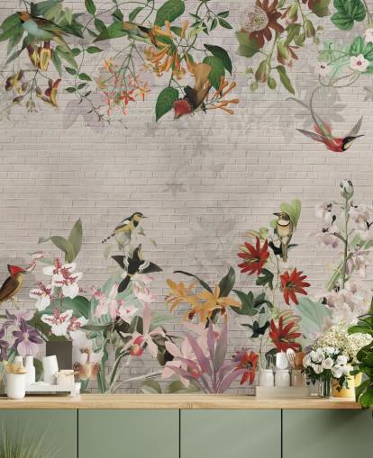 nep bakstenen muur en vogels en tropische planten behang