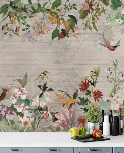 fake brick wall and birds and tropical plants wallpaper