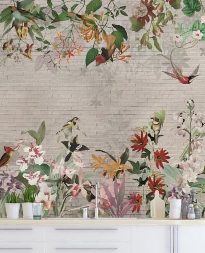 fake brick wall and birds and tropical plants wallpaper fake brick wall and birds and tropical plants wallpaper