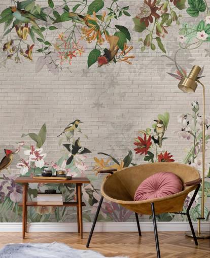 pared de ladrillo falso y papel pintado de pájaros y plantas tropicales