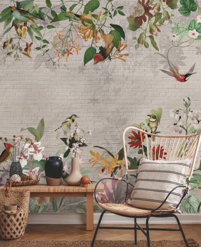 carta da parati finto muro di mattoni e uccelli e piante tropicali carta da parati finto muro di mattoni e uccelli e piante tropicali