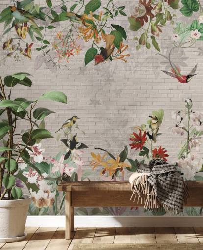 fake brick wall and birds and tropical plants wallpaper