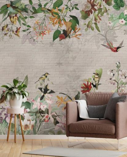 parede de tijolos falsos e papel de parede de pássaros e plantas tropicais