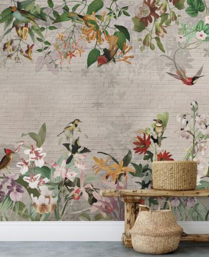 fake brick wall and birds and tropical plants wallpaper
