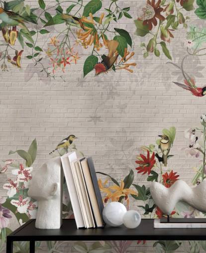 nep bakstenen muur en vogels en tropische planten behang nep bakstenen muur en vogels en tropische planten behang