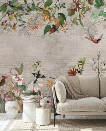 faux mur de briques et papier peint oiseaux et plantes tropicales faux mur de briques et papier peint oiseaux et plantes tropicales