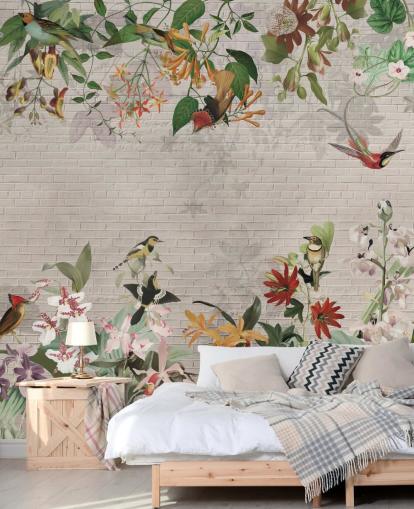 nep bakstenen muur en vogels en tropische planten behang nep bakstenen muur en vogels en tropische planten behang
