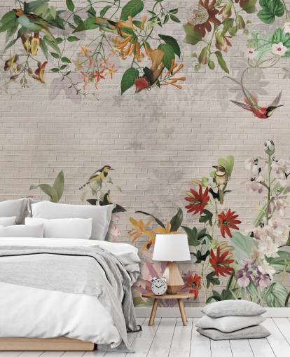 parede de tijolos falsos e papel de parede de pássaros e plantas tropicais parede de tijolos falsos e papel de parede de pássaros e plantas tropicais