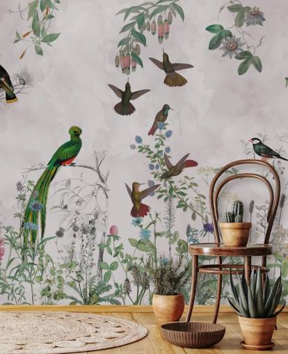 papier peint oiseaux et plantes