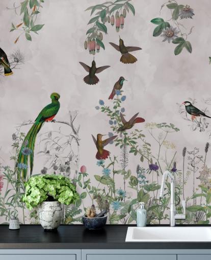 papier peint oiseaux et plantes
