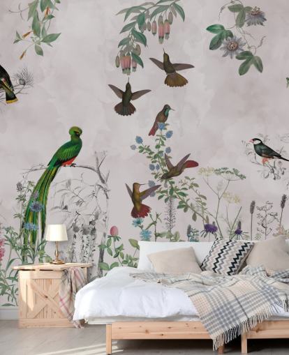 vogels en planten behang