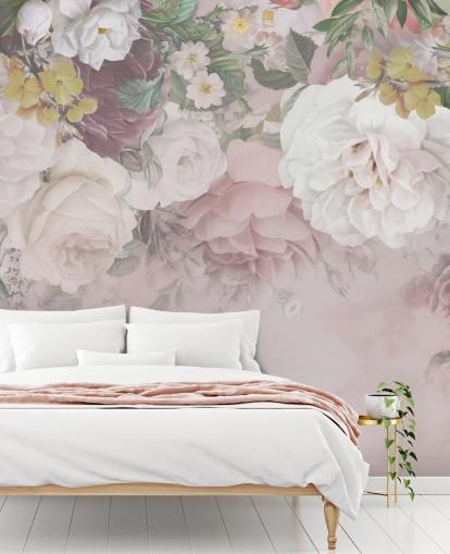 papel de parede flores rosa e esbranquiçado