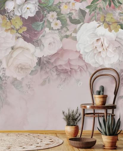 papel pintado flores rosas y blanquecinas