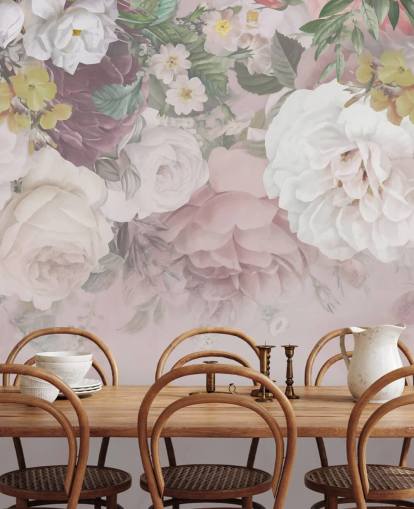 papier peint fleurs roses et blanc cassé