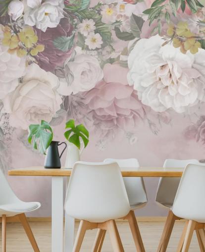 papier peint fleurs roses et blanc cassé