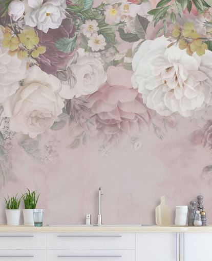 papier peint fleurs roses et blanc cassé