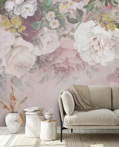 papel pintado flores rosas y blanquecinas