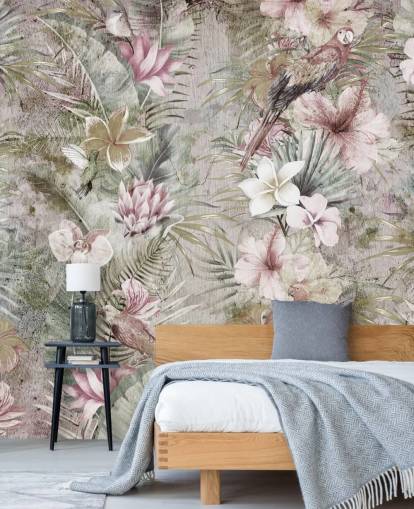 papel pintado de flores y pájaros tropicales