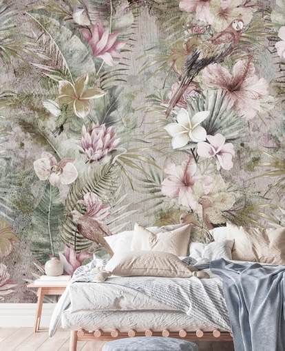papier peint fleurs et oiseaux tropicaux